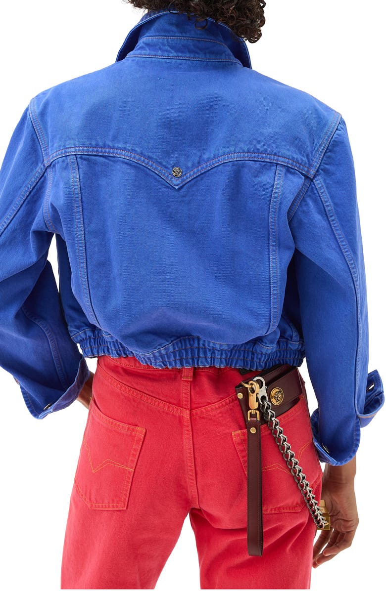 Versace Gender Inclusive Crop Denim Trucker Jacket, Alternate, color, Sky Blue