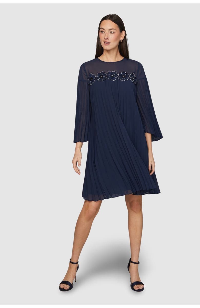Wallis Pleated Floral Trim Shift Dress, Main, color, Navy