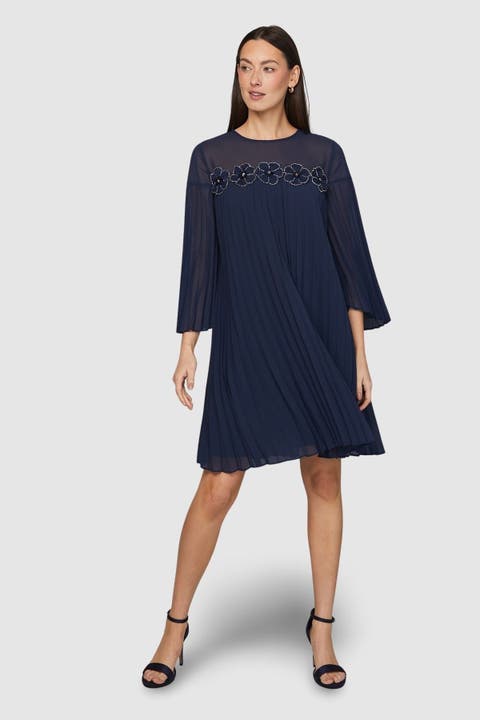 Pleated Floral Trim Shift Dress