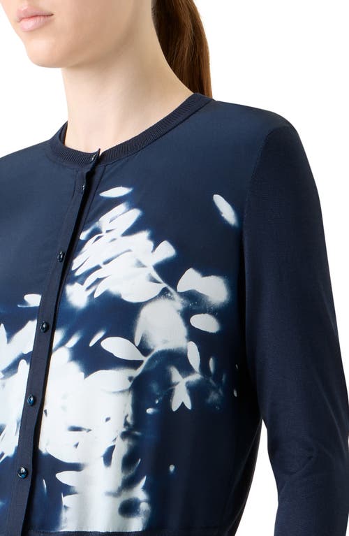 Akris Wildflower-print Silk Panel Crewneck Cardigan In Blue