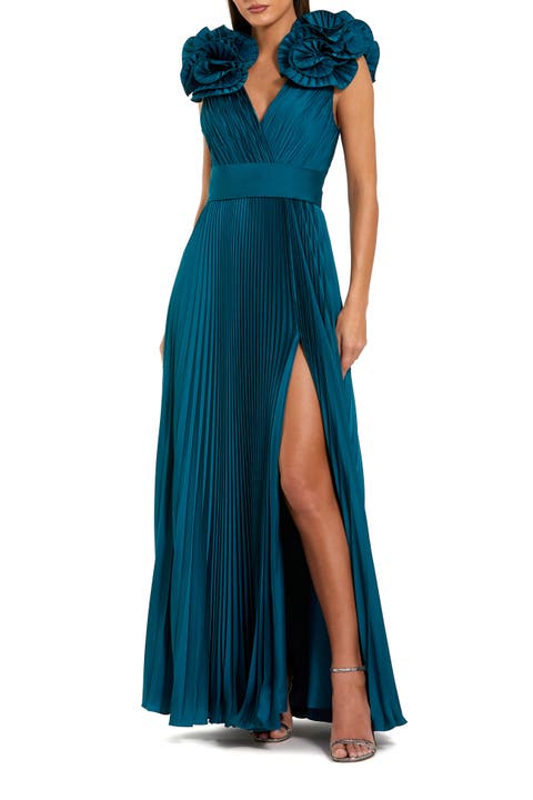 Pleated Charmeuse V Neck Gown With Ruffle Detail