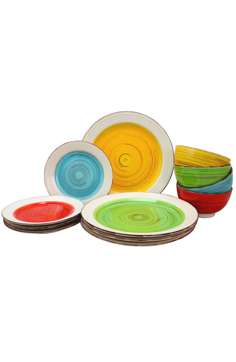Gibson Home Confetti Band 12 piece Mix and Match Ceramic Dinnerware Set, Main, color, Assorted