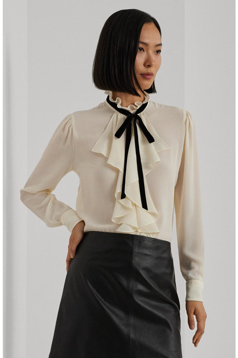 Ruffle Trim Georgette Button-Up Shirt, Alternate, color, MASCARPONE CREAM/ BLACK