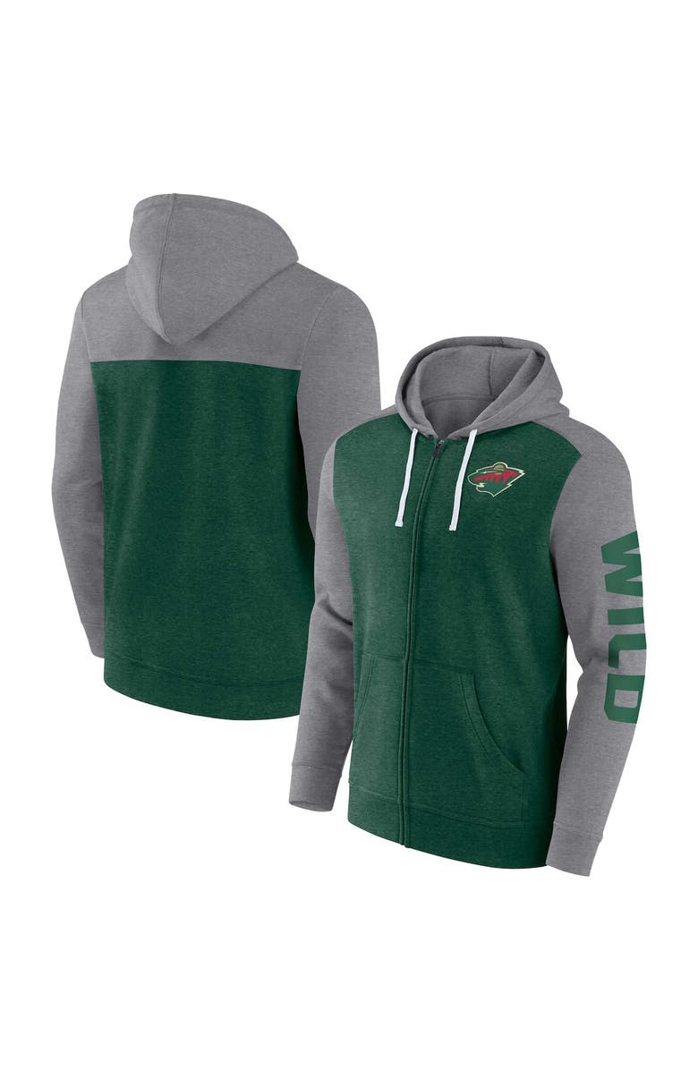 FANATICS Men's Fanatics Branded Heather Green Minnesota Wild Down and Distance Full-Zip Hoodie, Main, color,