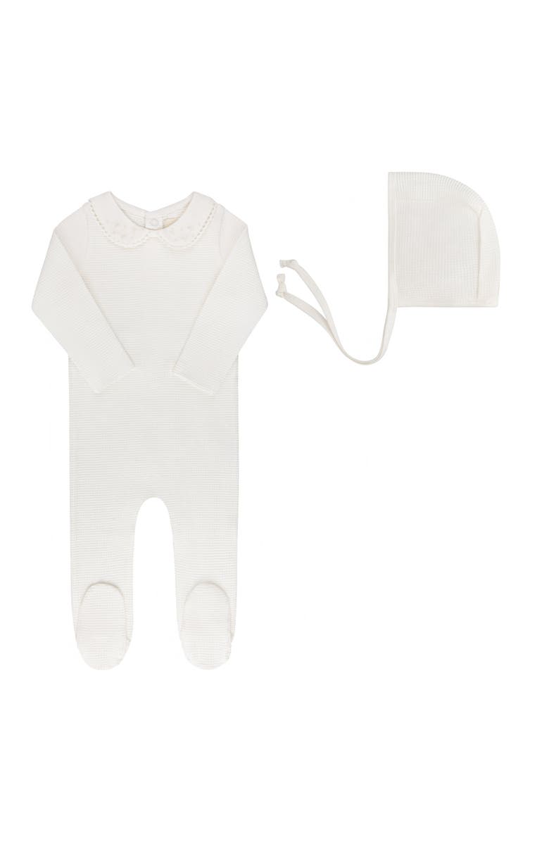 Ely's & Co. Ribbed Embroidered Collar Collection - Footie + Bonnet, Main, color, Ivory Boy