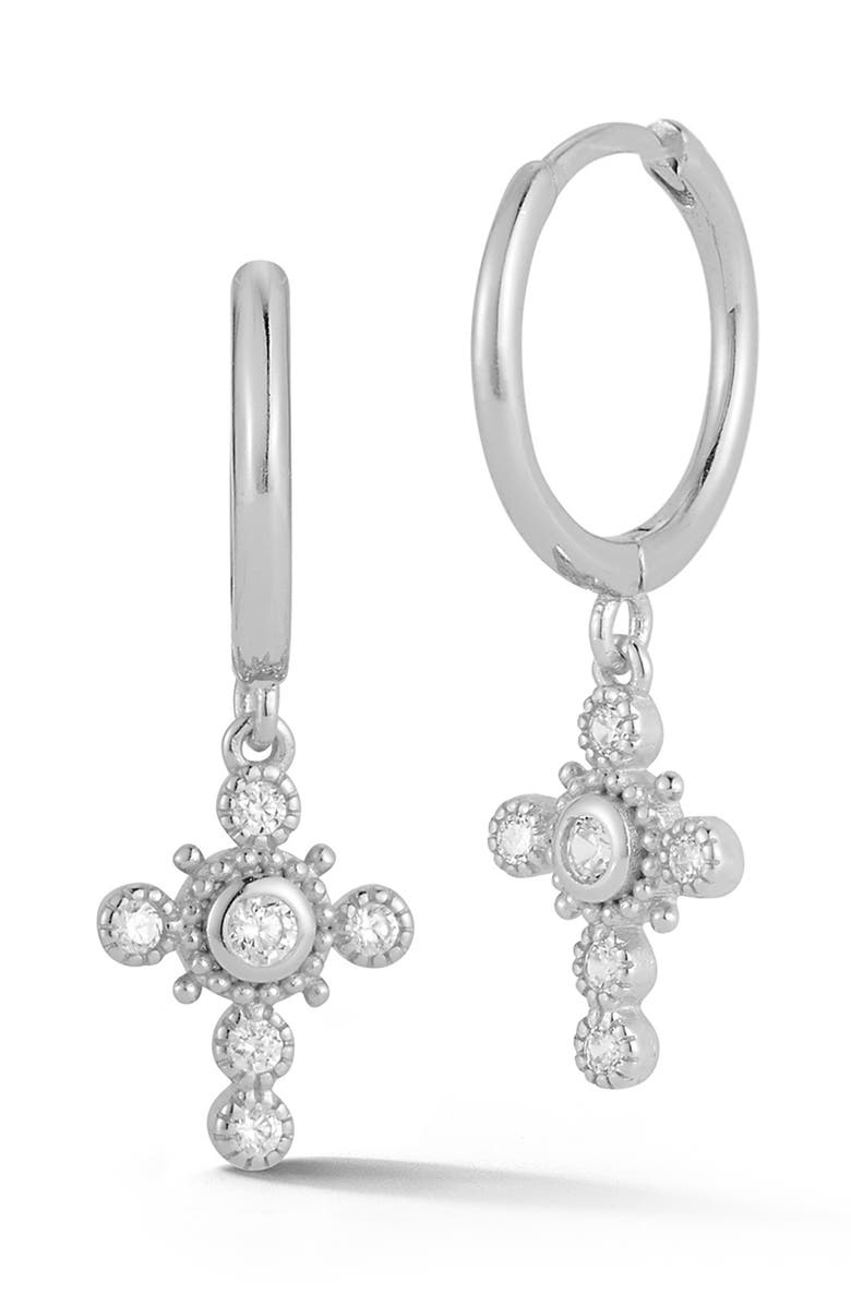 GLAZE JEWELRY 14K Gold Plated Silver Cross Huggie Hoop Earrings, Main, color, Silver