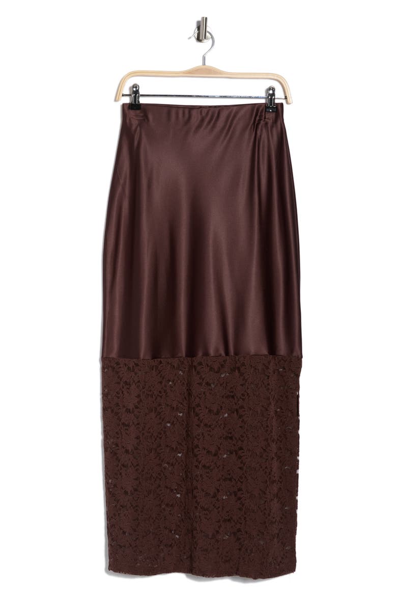 Lace Trim Satin Maxi Skirt, Alternate, color, BROWN