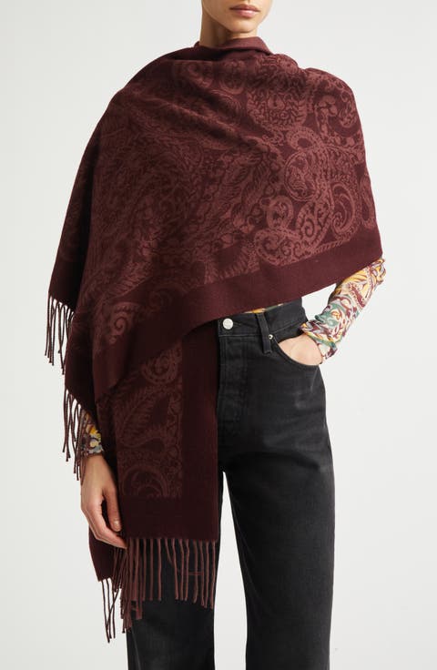 Hooded Wool Paisley Fringe Scarf