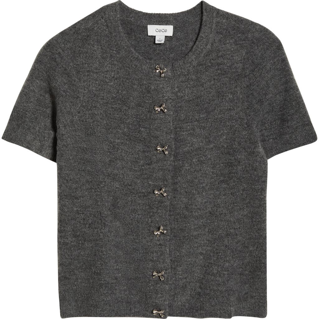 Cece Short Sleeve Bow Button Cardigan In Gray