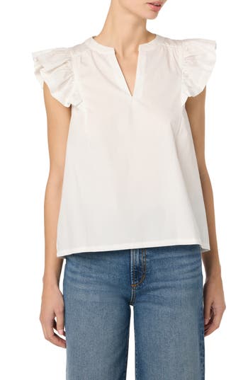 Joe's Split Neck Flutter Sleeve Top In White