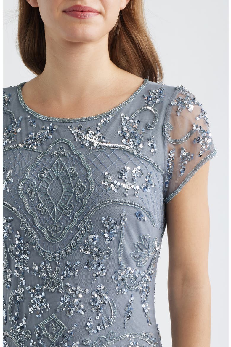 Beaded Mesh Midi Cocktail Dress, Alternate, color, ICE BLUE