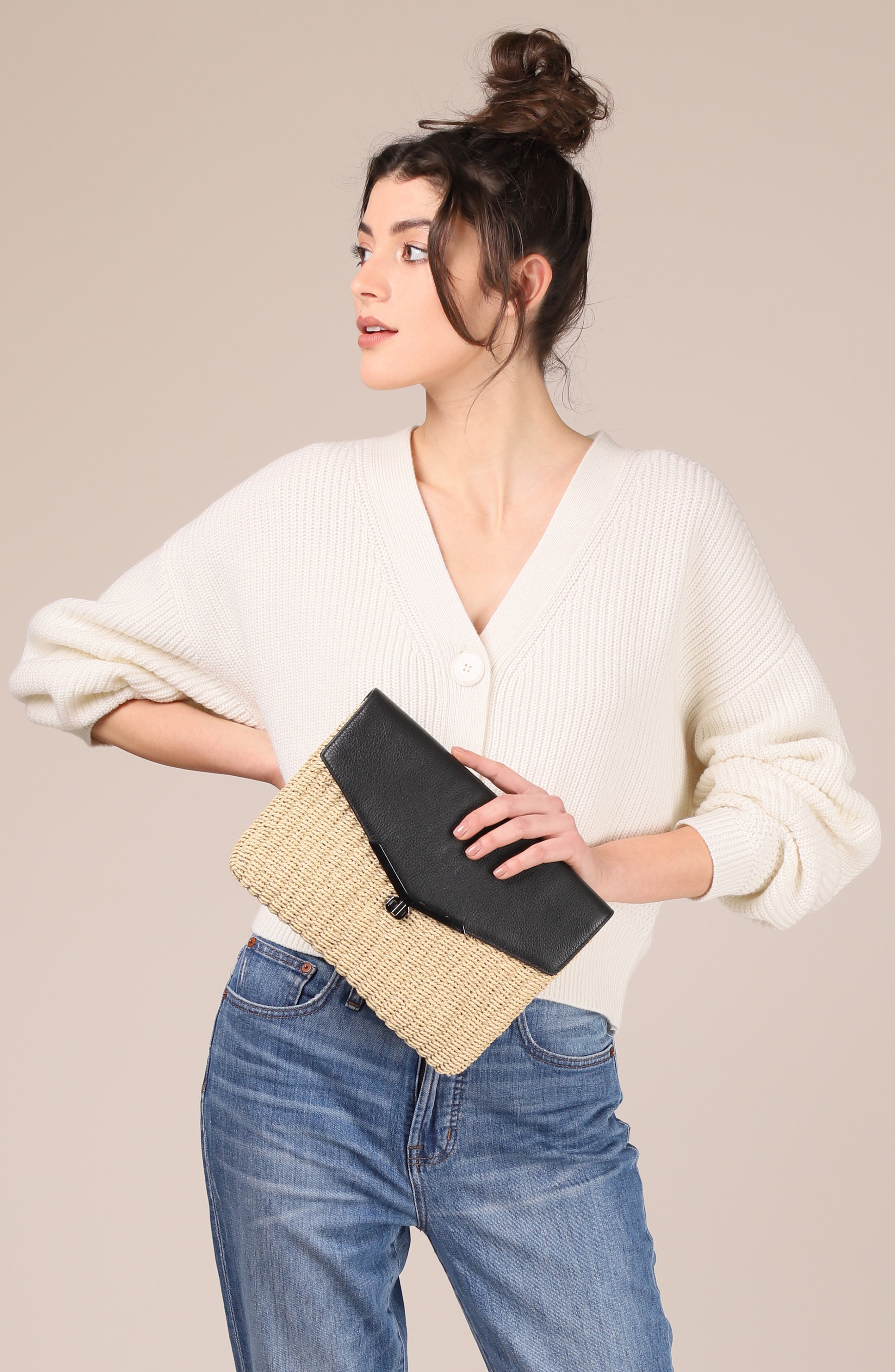 Valentina Straw & Leather Envelope Clutch, Alternate, color, NATURAL