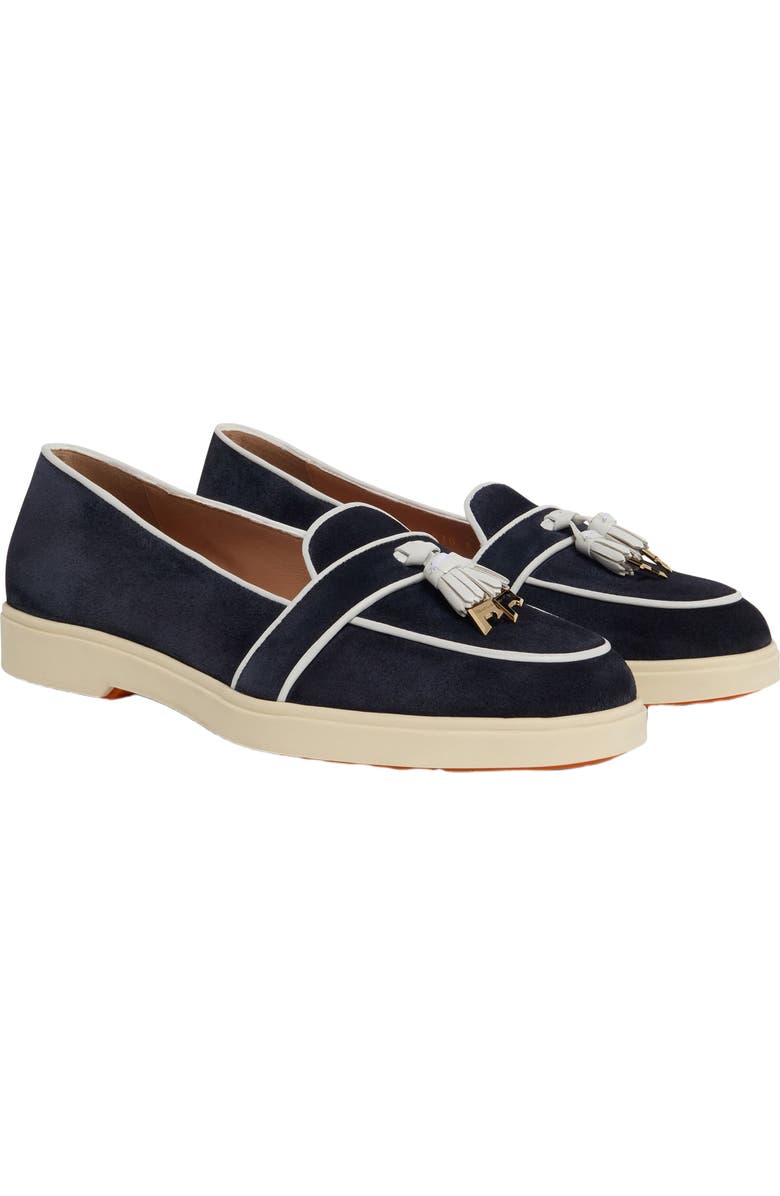 Santoni Women's suede and leather tassel loafer, Alternate, color, Blue