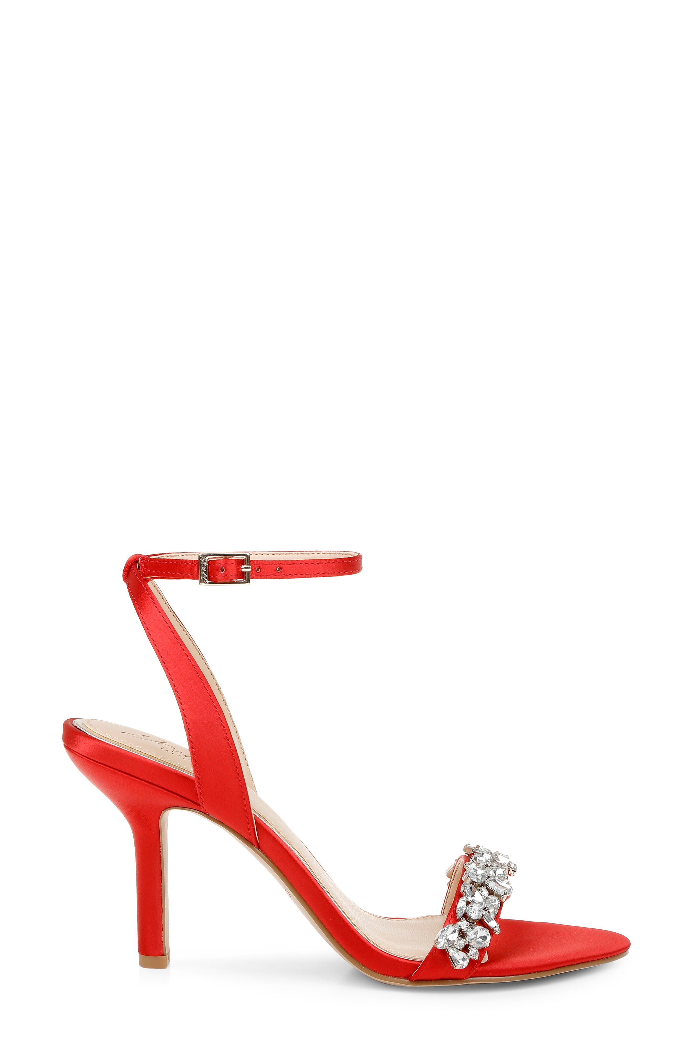 Jewel Badgley Mischka Ojai Crystal Ankle Strap Sandal, Alternate, color, Red Satin