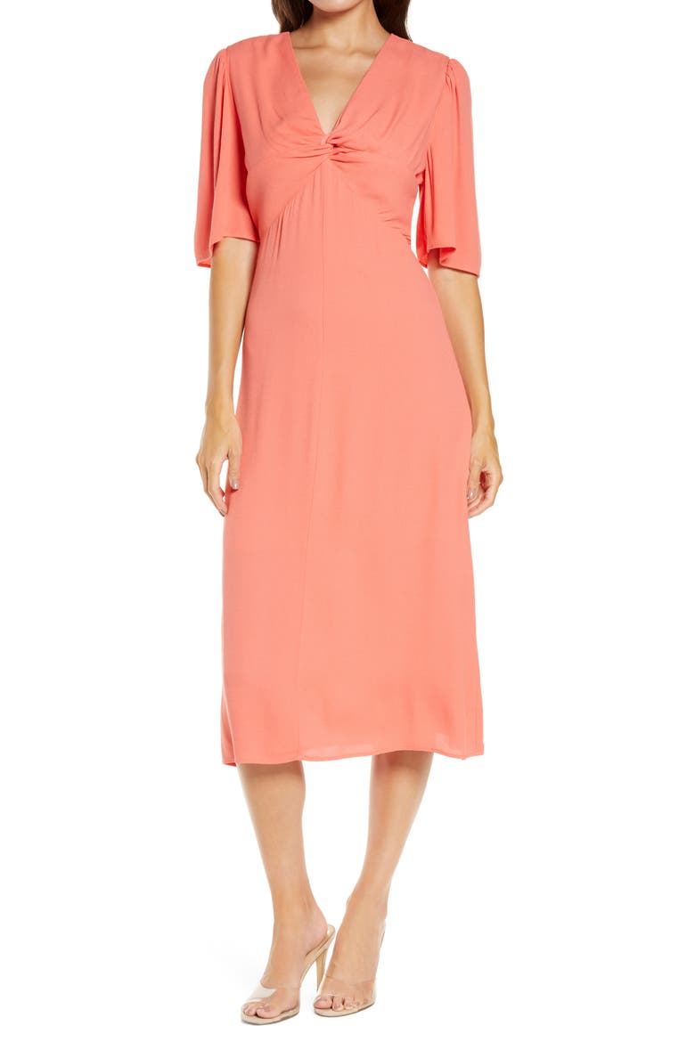 Twist Front Midi Dress, Main, color, CORAL ROSE