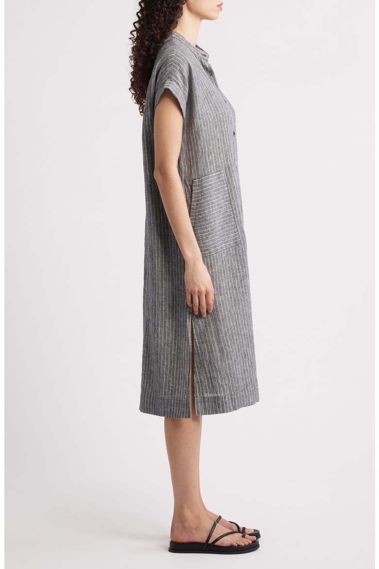 Pinstripe Short Sleeve Organic Linen Shift Dress, Alternate, color, BLKWH