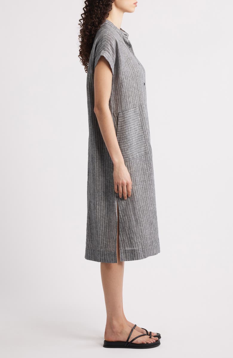 Eileen Fisher Pinstripe Short Sleeve Organic Linen Shift Dress, Alternate, color, Faded Black/ White