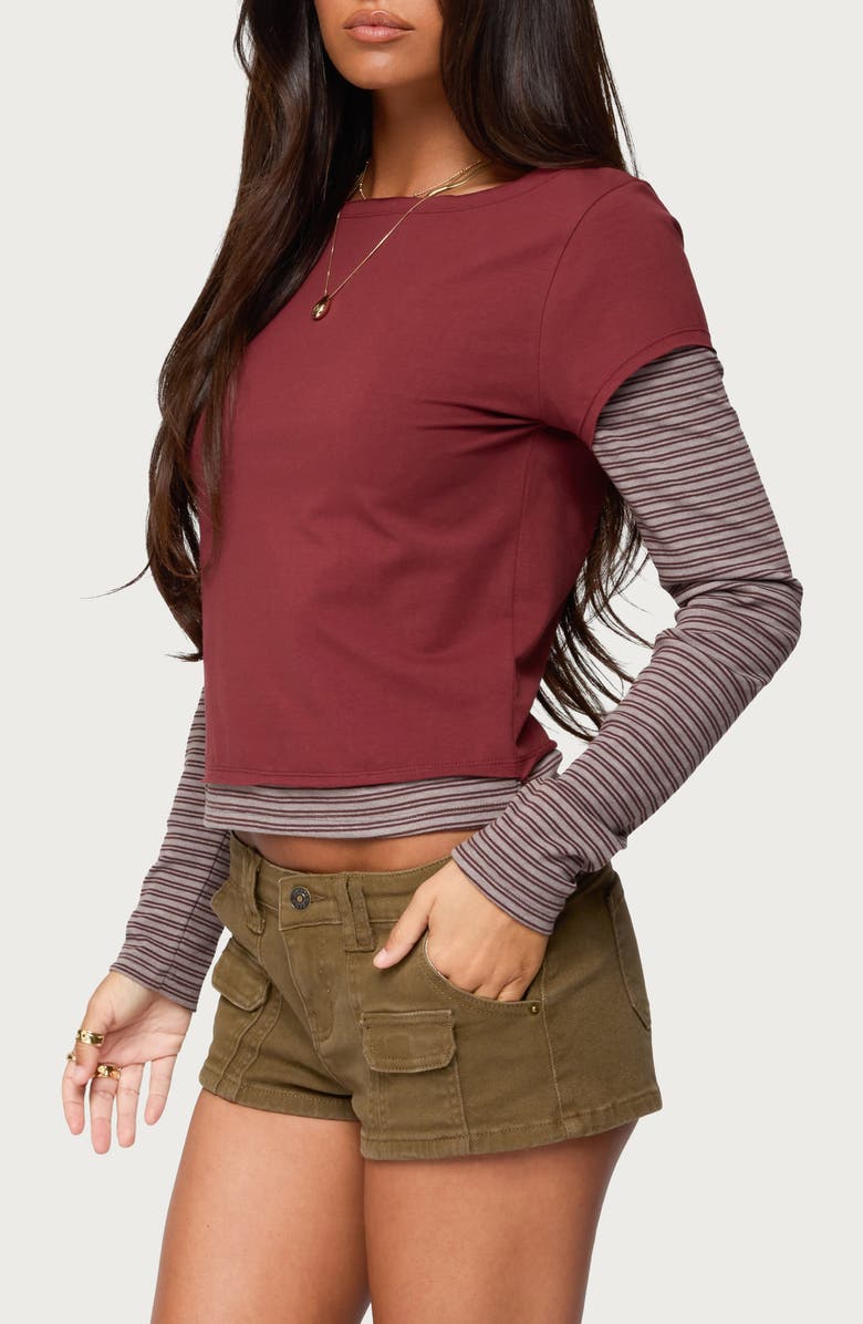 EDIKTED Layered Stretch-Cotton T-Shirt, Alternate, color, Burgundy