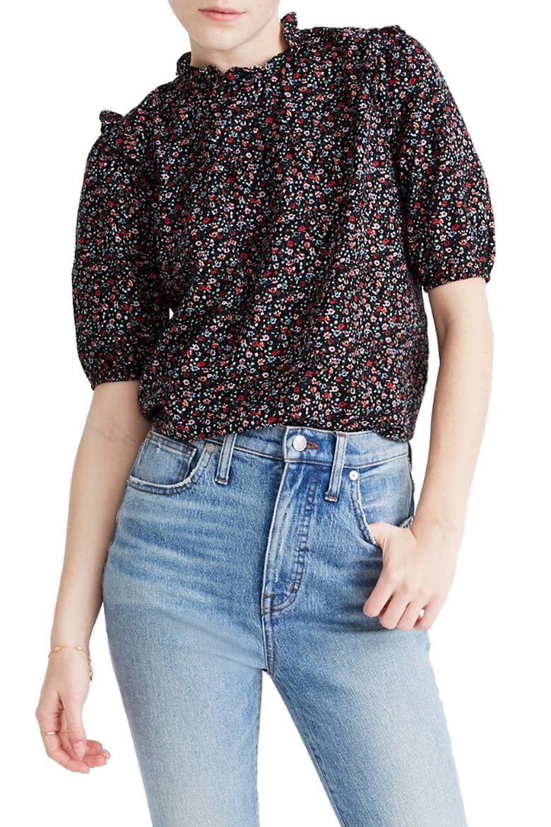 Ruffle Puff Sleeve Top, Main, color, FIELD FLORAL PRESSED ORCHID