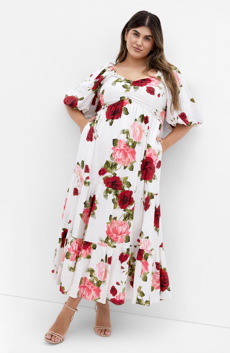 City Chic Mindy Print Puff Sleeve Dress, Alternate, color, Dolce Ivory