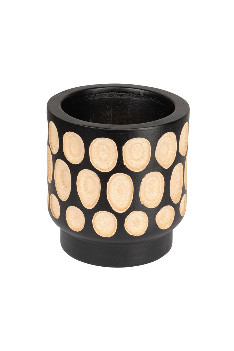 Hand-Carved Wood Planter with Dots, Black, Main, color, Black