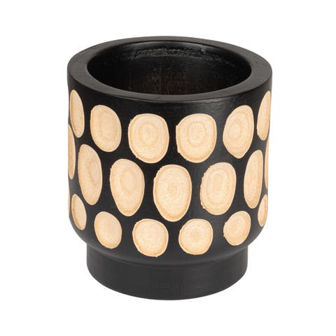 Hand-Carved Wood Planter with Dots, Black
