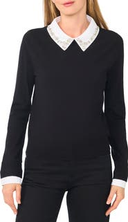 CeCe Jewel Collar Twofer Sweater