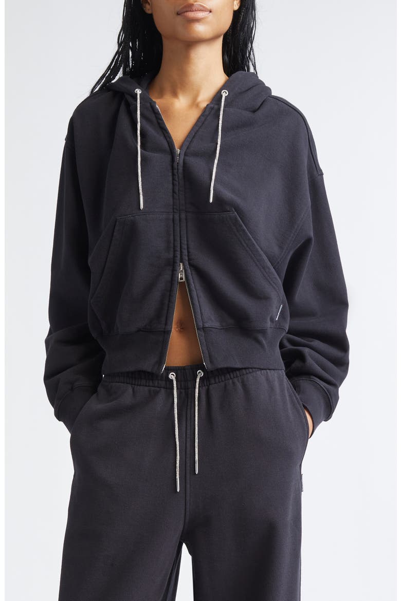 Rhinestone Drawstring Zip Hoodie, Main, color, BLACK