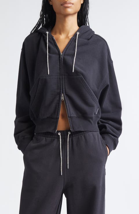 Rhinestone Drawstring Zip Hoodie