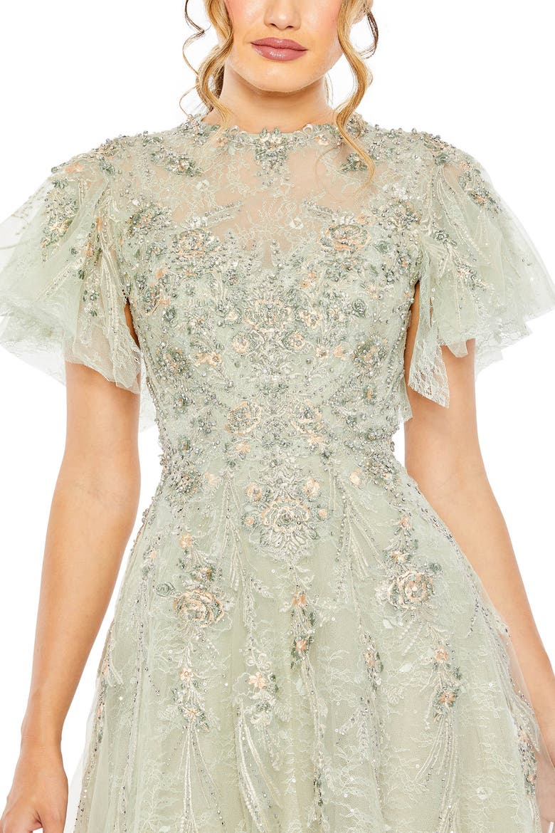 Women's Illusion Neck Beaded Lace Flutter Sleeve Ball Gown, Alternate, color, Seafoam