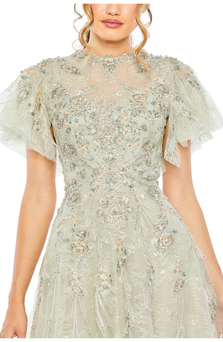 Mac Duggal Illusion Neck Beaded Lace Flutter Sleeve Ball Gown, Alternate, color, Seafoam