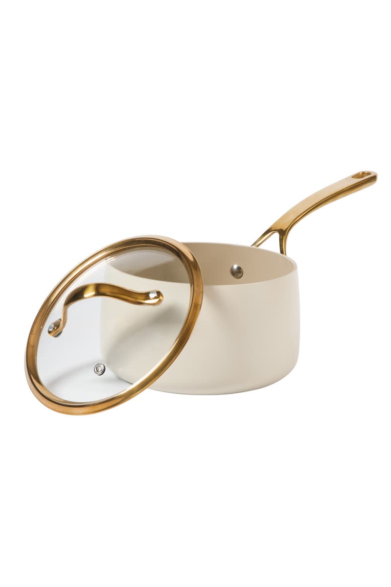3 Quart Heavy Duty Aluminum Premium PFA Free Ceramic Nonstick Saucepan with Lid, Main, color, Linen White with Gold Handle
