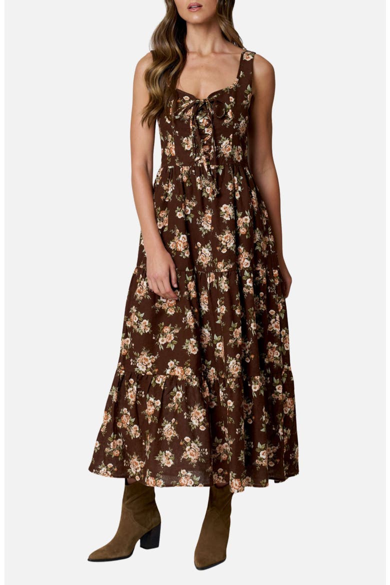 Tie Front Floral Midi Dress, Main, color, BROWN MULTI