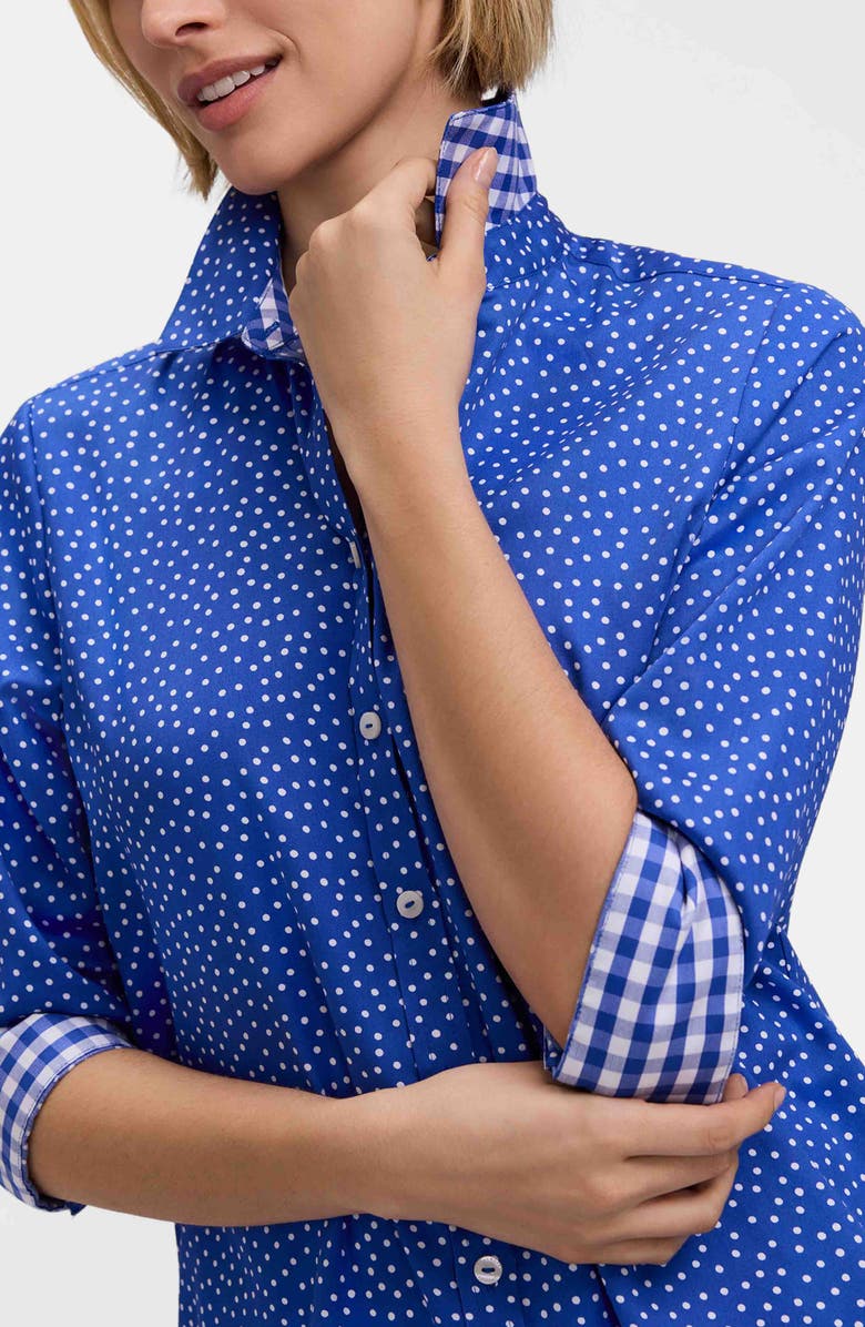 Foxcroft Margie Mini Dot Three-Quarter Sleeve Button-Up Shirt, Alternate, color, Blue/ White