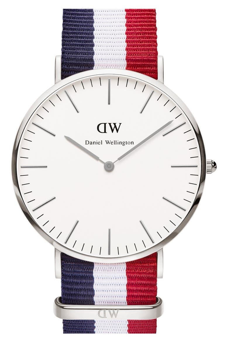 'Classic Cambridge' NATO Strap Watch, 40mm, Main, color, RED/ WHITE/ BLUE/ SILVER