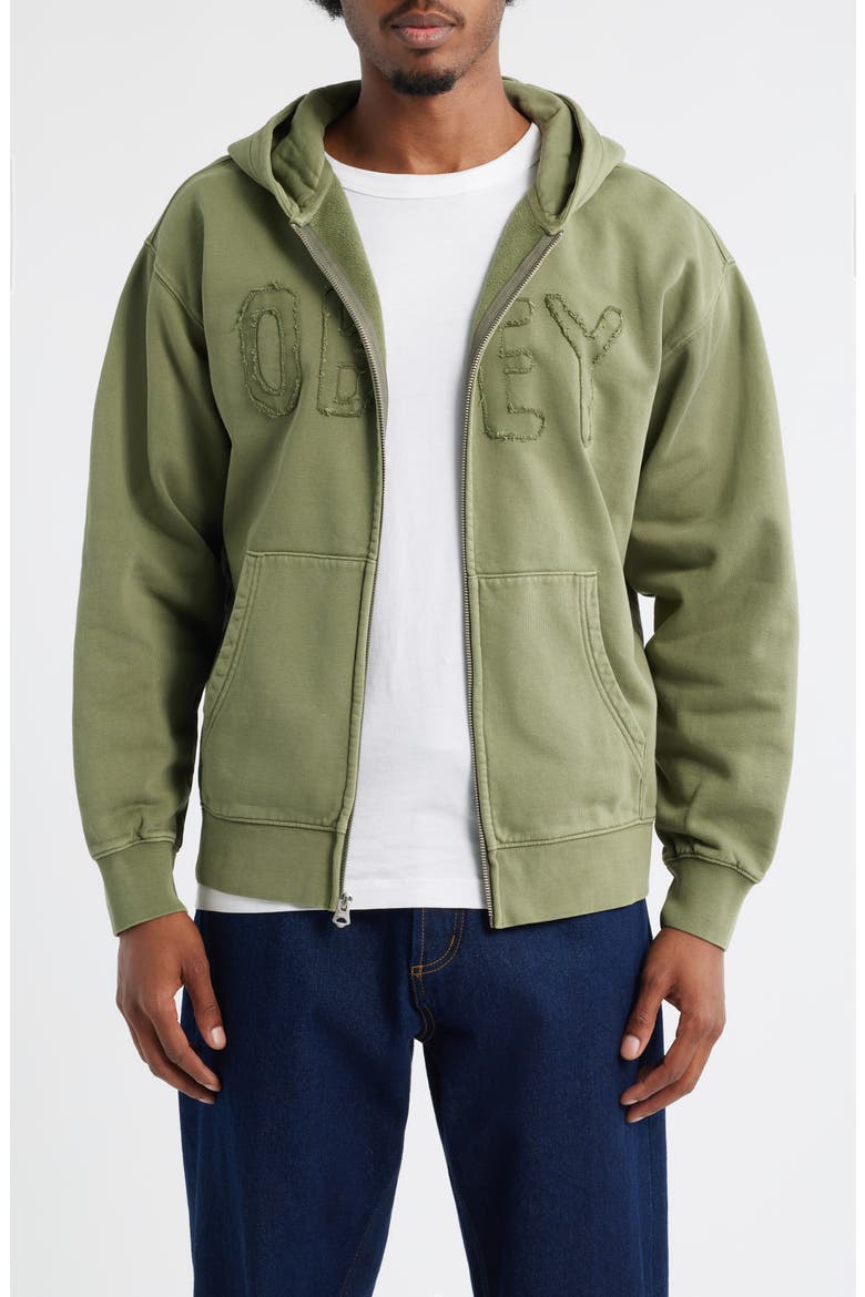 Hybrid Faded Cotton French Terry Zip Hoodie, Main, color, DEEP LICHEN GREEN FADED WASH