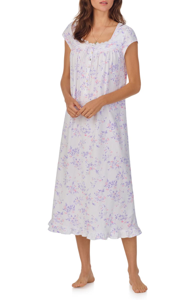 Eileen West Floral Cap Sleeve Long Cotton Jersey Nightgown, Alternate, color, 