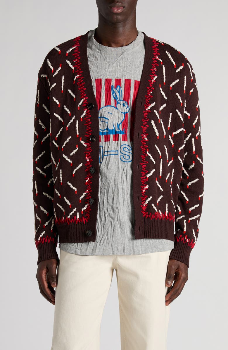 Bottega Veneta Matches Jacquard Cardigan, Main, color, Ebony/ Chalk/ Tomato