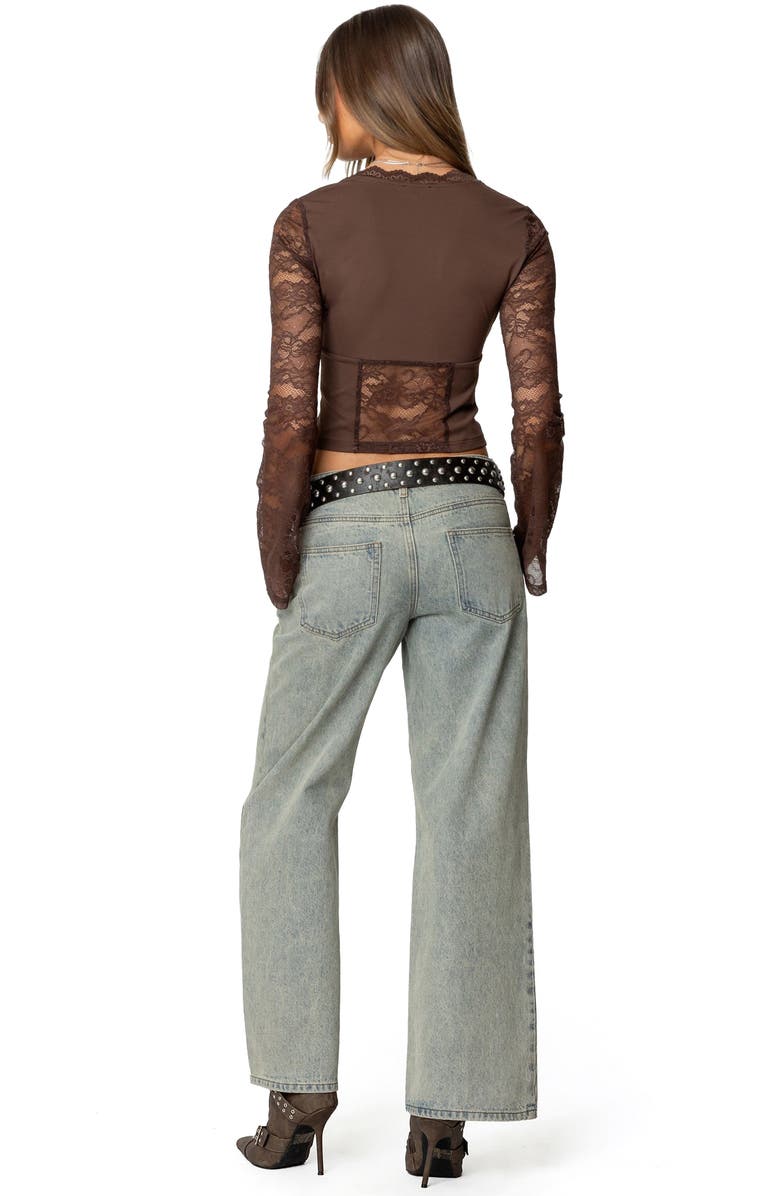 EDIKTED Stephi Lace Split Front Crop Top, Alternate, color, Brown