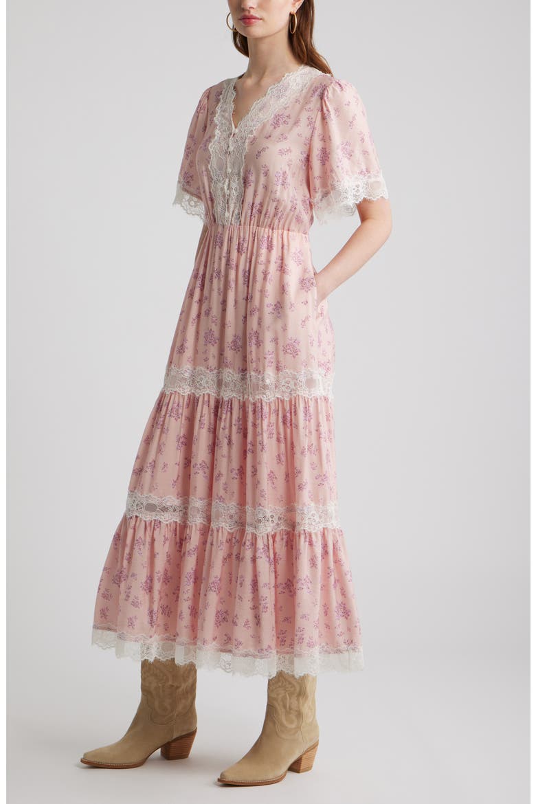 Garden Lace Trim Tiered Maxi Dress, Alternate, color, PINK LAYERED SPRIGS
