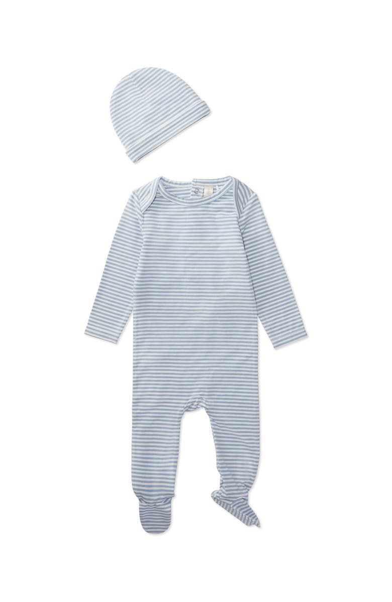 MiniMoi Striped Shoulder Flap Footie Set, Main, color, Ice Blue