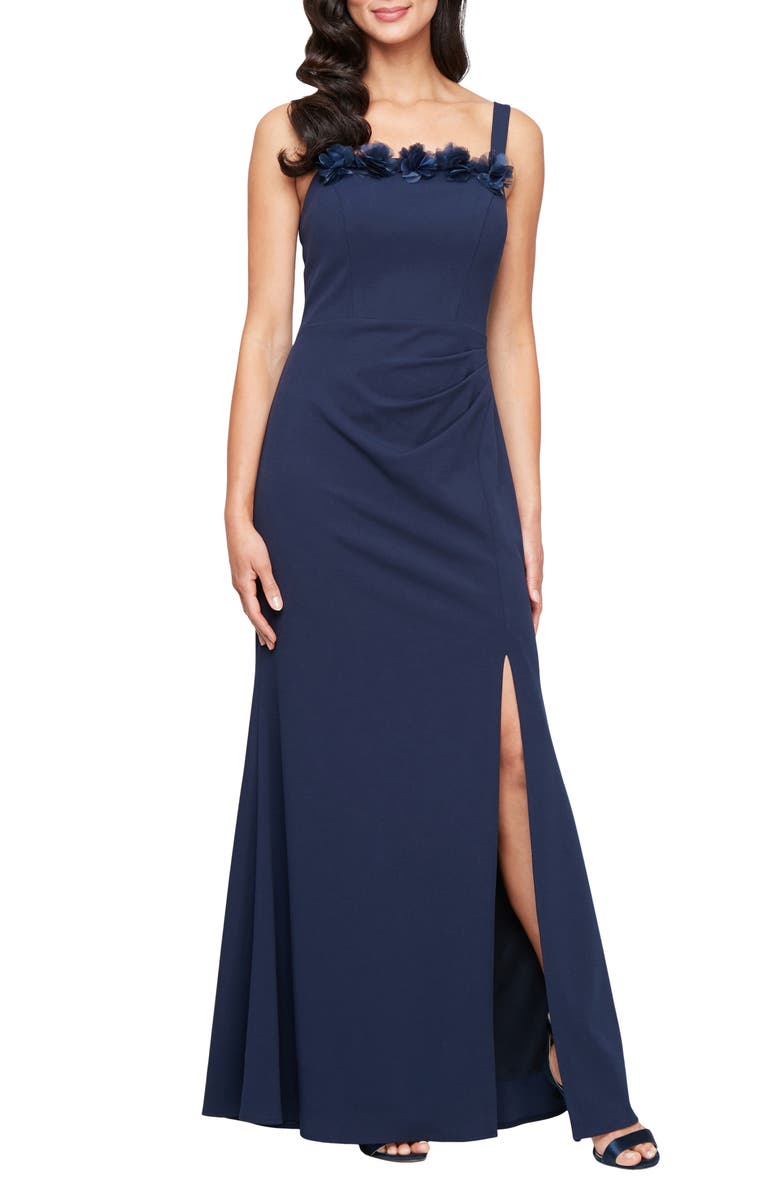 Alex Evenings Floral Appliqué Stretch Crepe Gown with Bolero Jacket, Alternate, color,