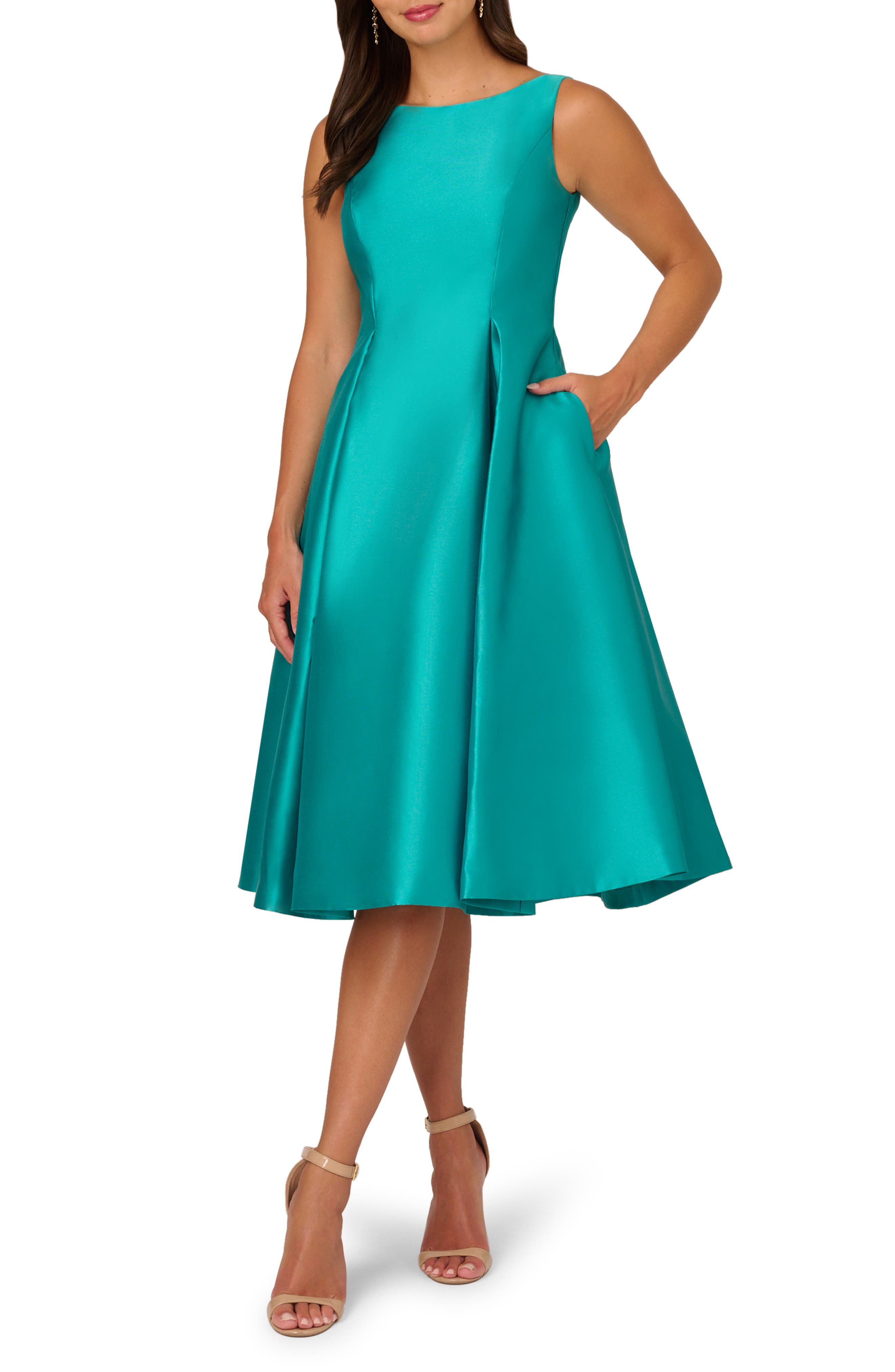 Adrianna Papell Sleeveless Mikado Fit & Flare Midi Dress in Exotic Jade 