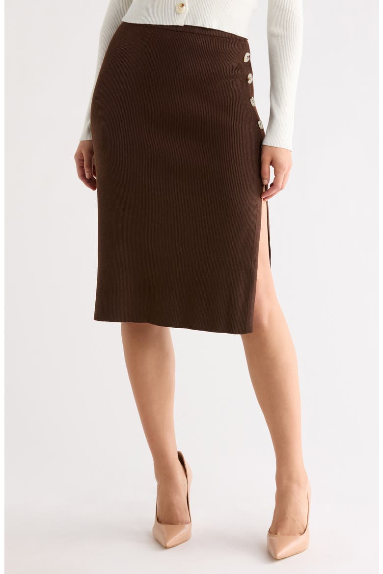 Caralea Rib Knit Button Midi Skirt, Main, color, COCOA