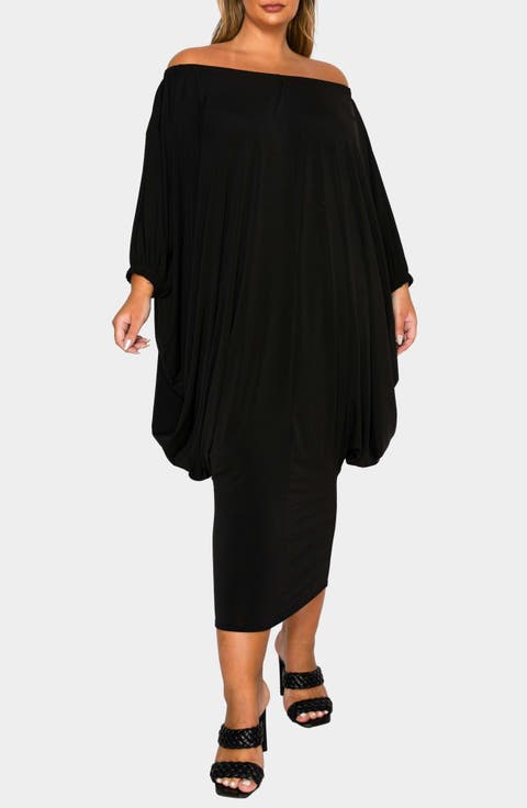 Eero Off the Shoulder Long Sleeve Tapered Hem Midi Dress (Plus)