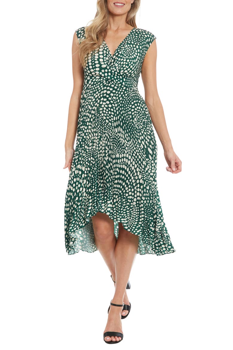 Dot Twist Front Pleated Midi Dress, Main, color, PINE/ CREAM