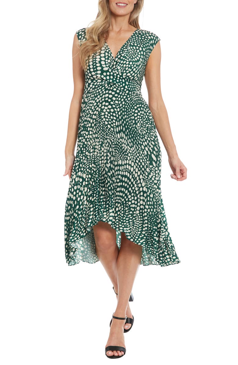 London Times Dot Twist Front Pleated Midi Dress, Main, color, Pine/ Cream
