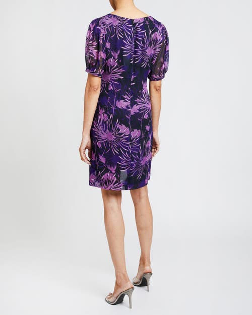Santorelli Bianca In Floral Abstract Crinkled Georgette Shift Dress In Cool Purple