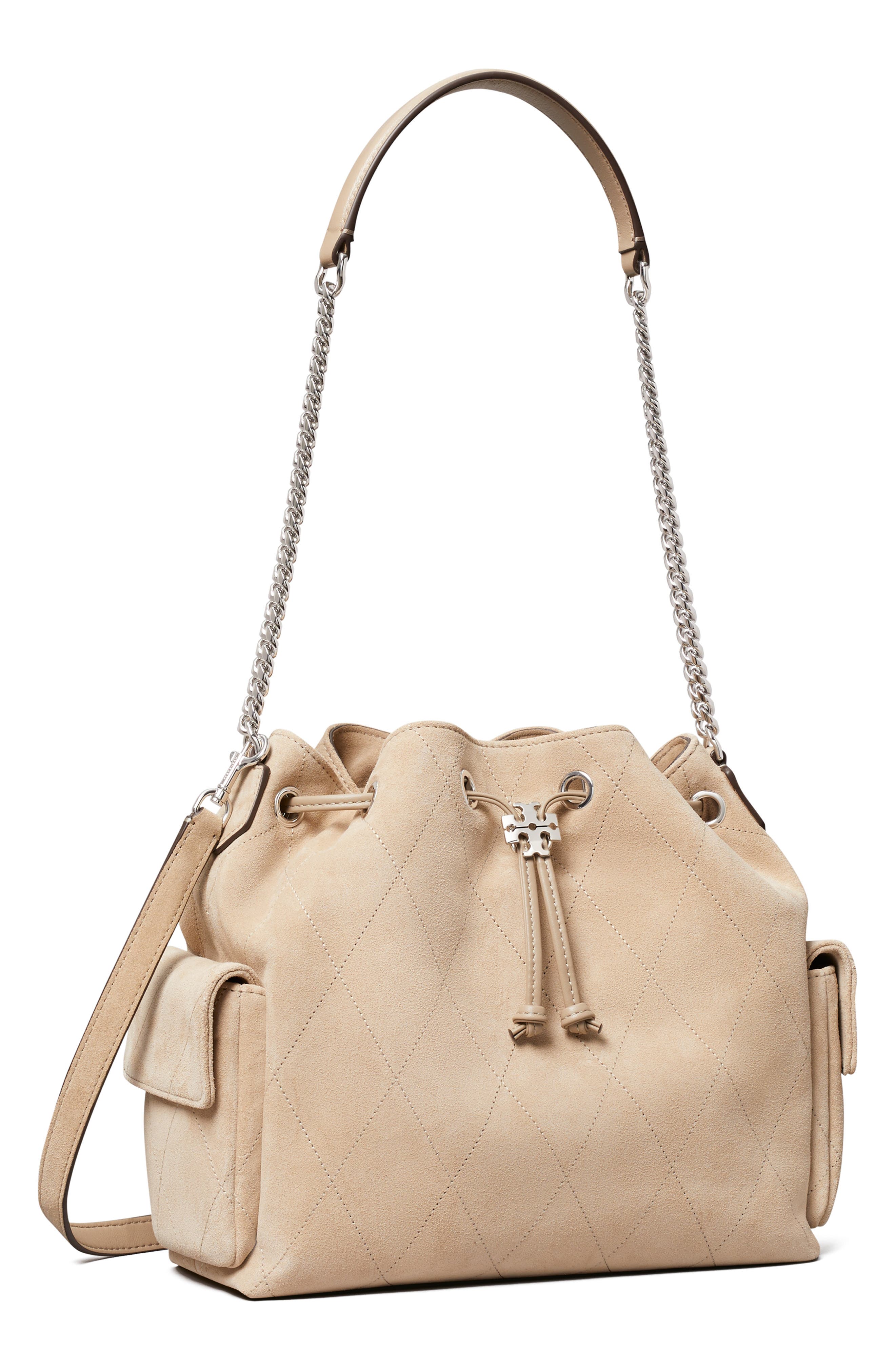 Charlie Quilted Suede Drawstring Bag, Alternate, color, SOFT CEMENT