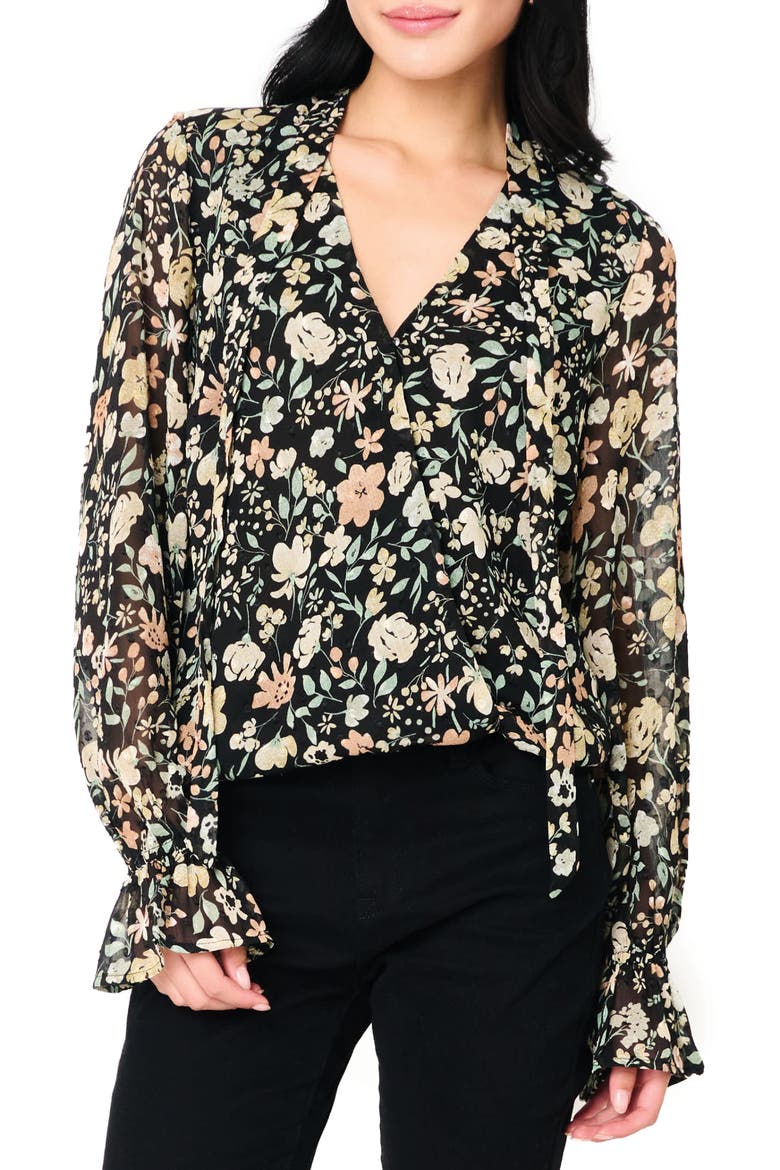 Floral Print Surplice Top, Main, color, BLACK MULTI FLORAL